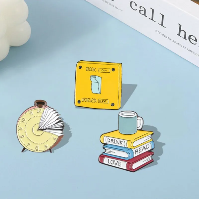 Reading World Enamel Pin Mental Food Book Time Clock Brooch Bag Clothes Lapel Pin Badge Fun Reading Jewelry Gift Kids Friends