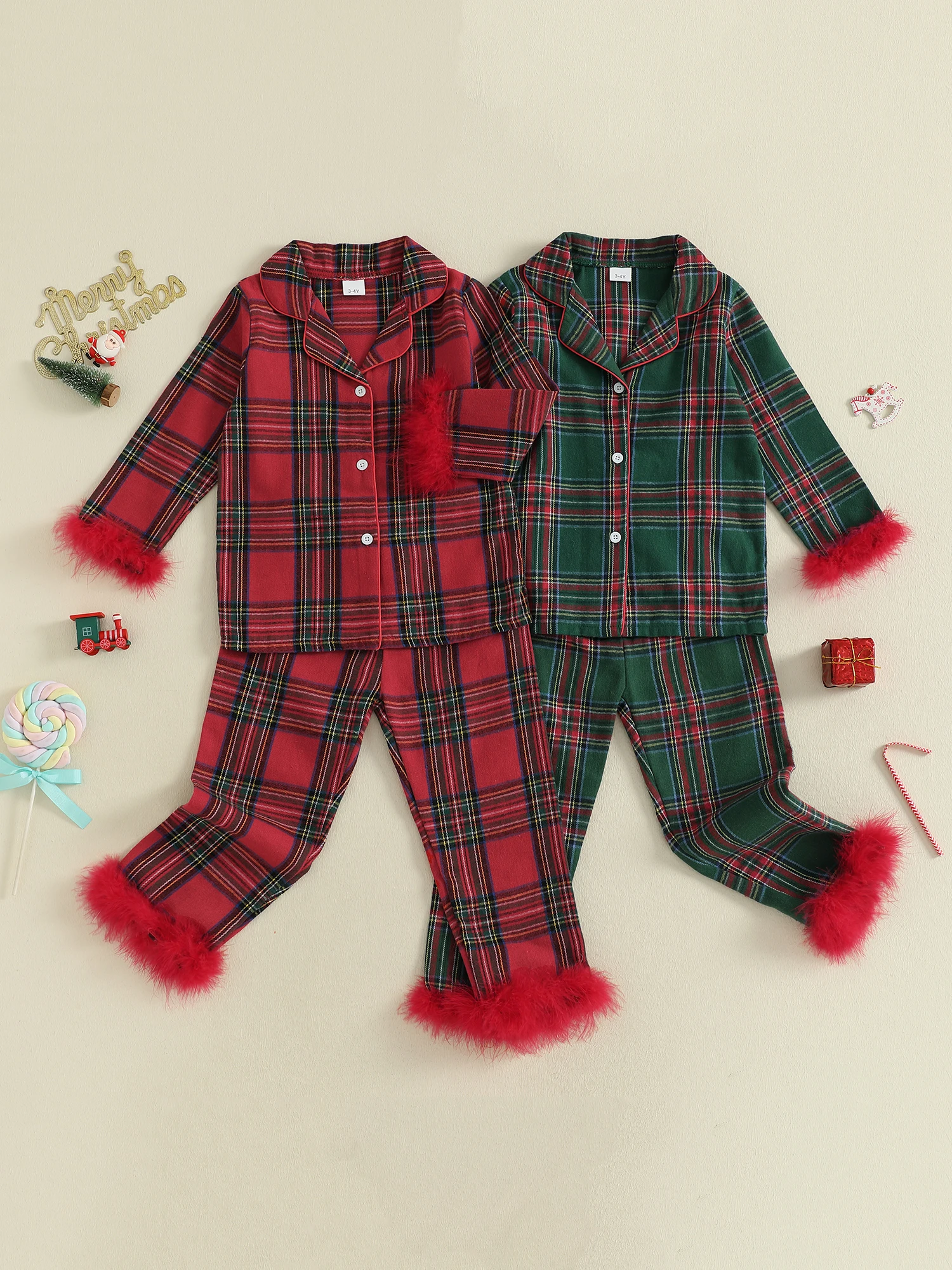 Winter Plaid Pajama Set with Faux Fur Trim 4