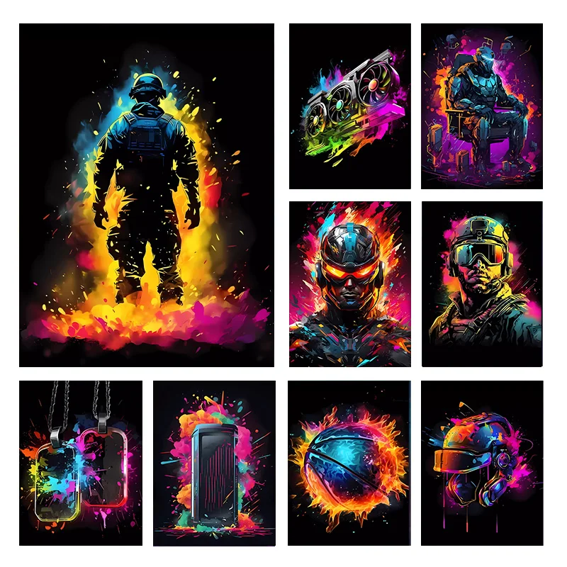 Affiche de personnage de jeu vidéo néon, imprimés, casque de manette de jeu, Football, basket-ball, impression sur toile, décor artistique mural, décor de salle de jeu