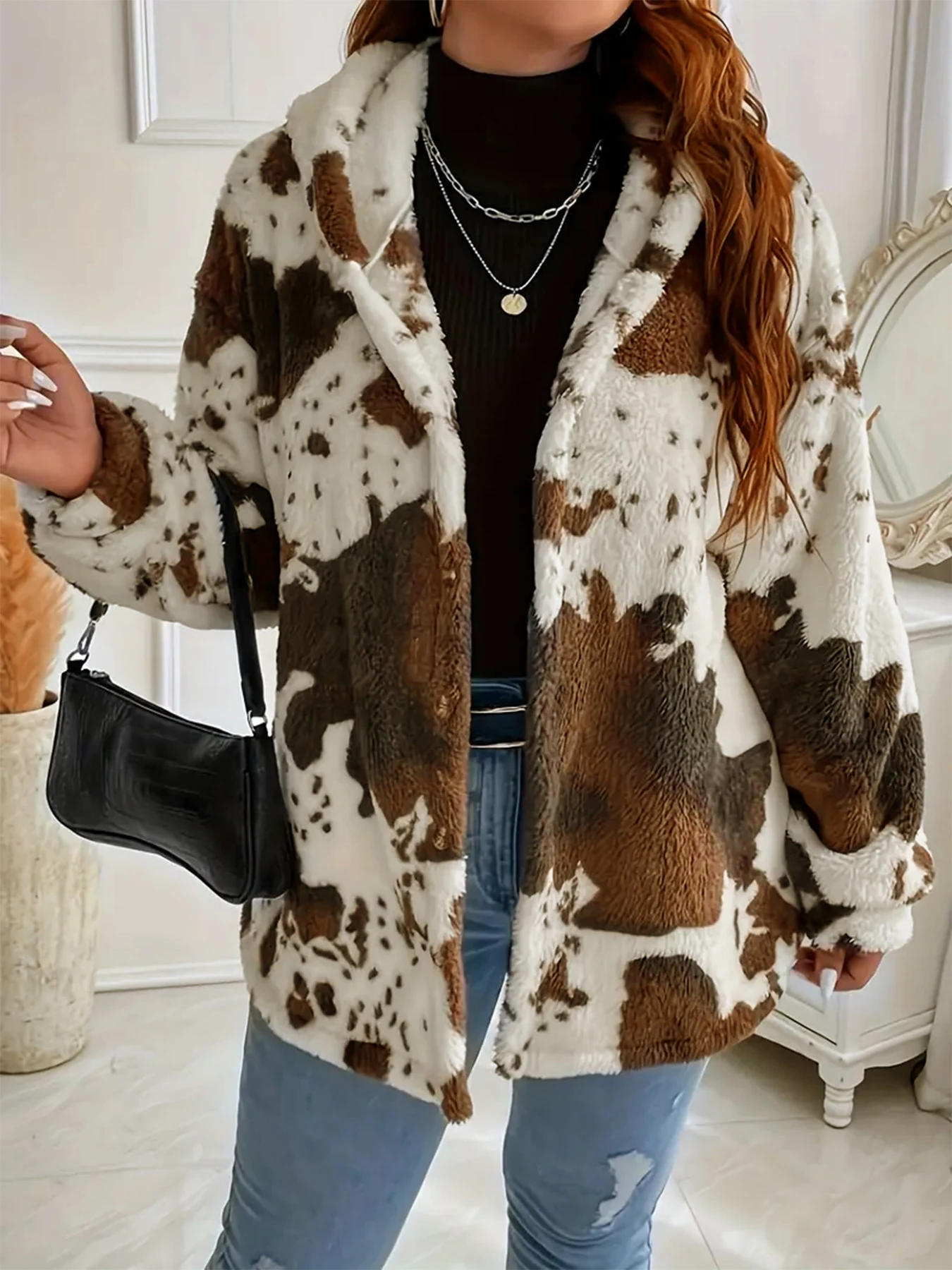 Autumn and winter European and American casual fashion cow teddy bear print button plush jacket