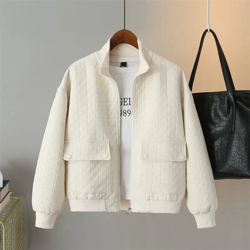 Short Stand-UP Collar Embossed Jacket Cardigan Women's Spring Autumn New Korean Coat Loose Big Pocket Overwear Female Tops Tide