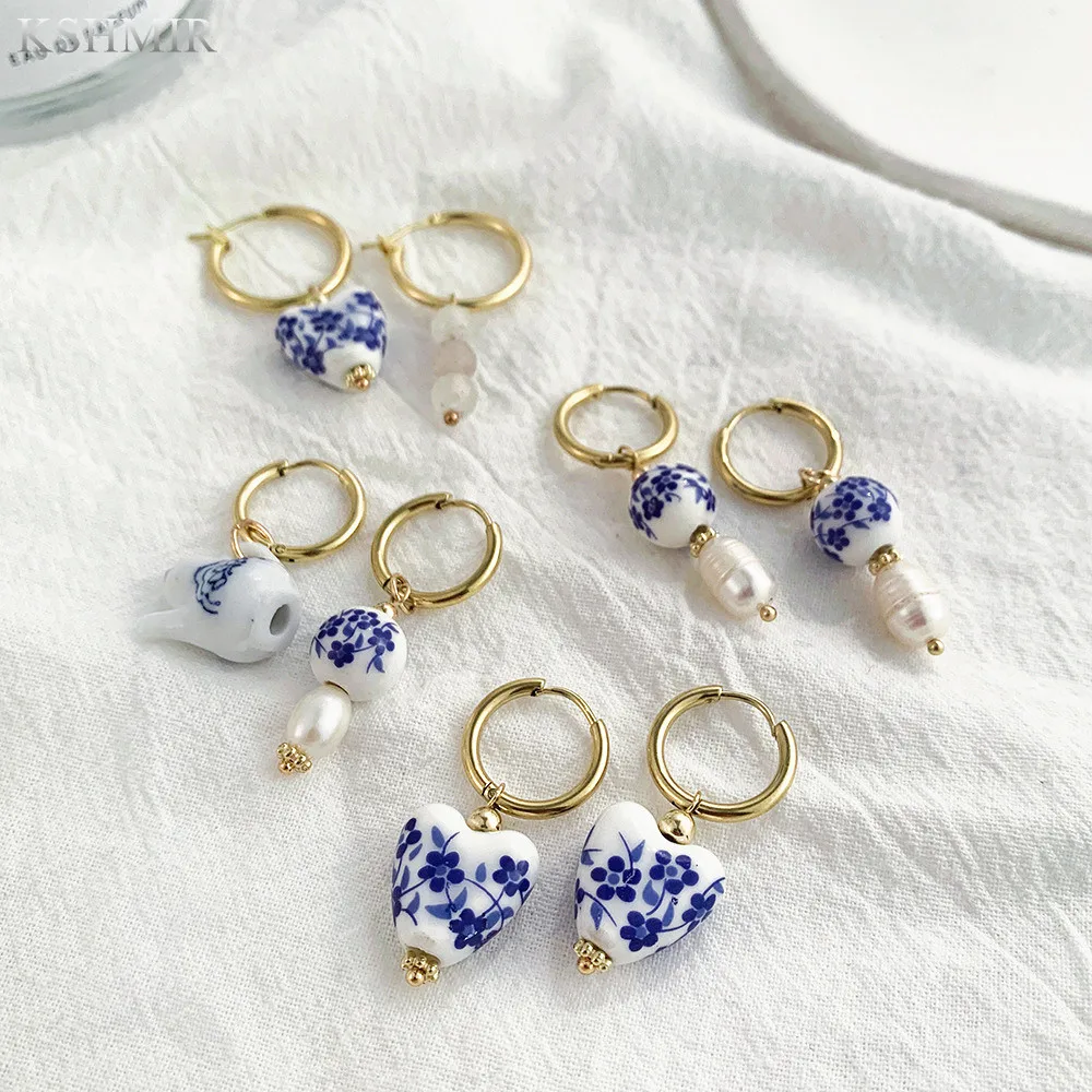 2022 new vintage blue and white porcelain enamel dripping oil heart ceramic women\'s earrings stainless steel circle