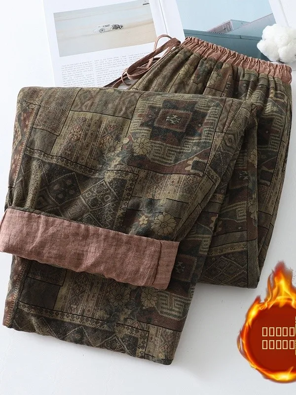 

Осень-зима, хлопковые льняные широкие брюки с талией, художественные ретро теплые длинные брюки с эластичной резинкой на талии, длинные брюки с высокой талией