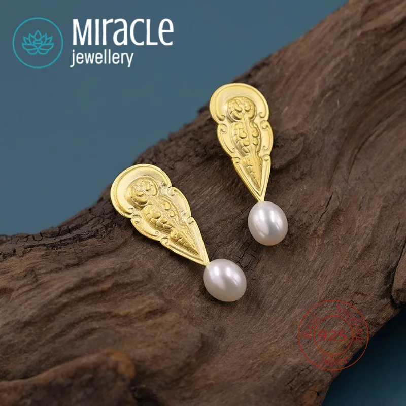 Miracle Sterling Silver 925 Original Design Unique Chinese Style Cultural Retro Embossed Pearl Niche Earrings For Gift