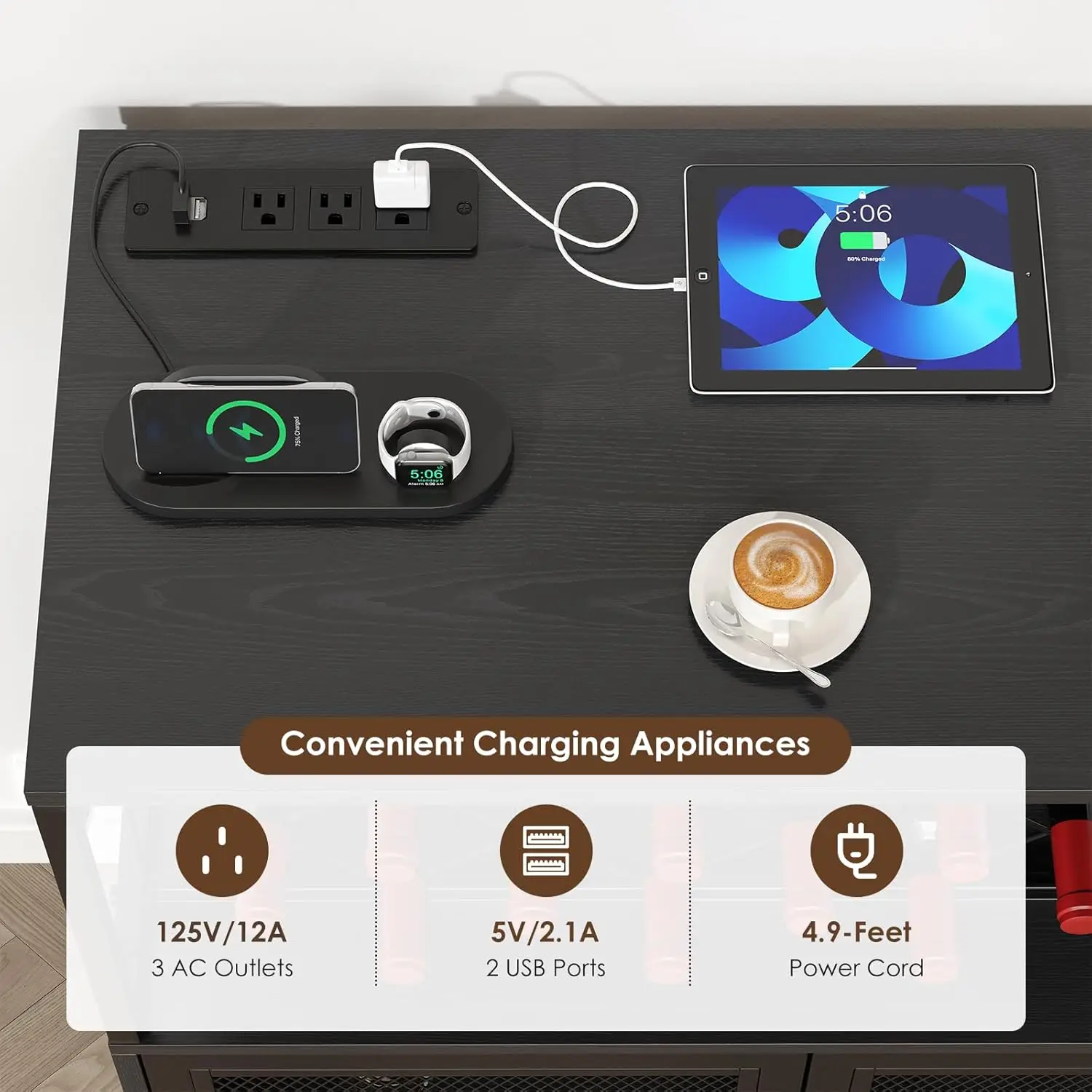 خزانة بار النبيذ بعجلات، عربة بار من 4 طبقات مع منافذ طاقة وإضاءة LED، خزانة مشروبات منزلية صغيرة مع رف نبيذ، Cof