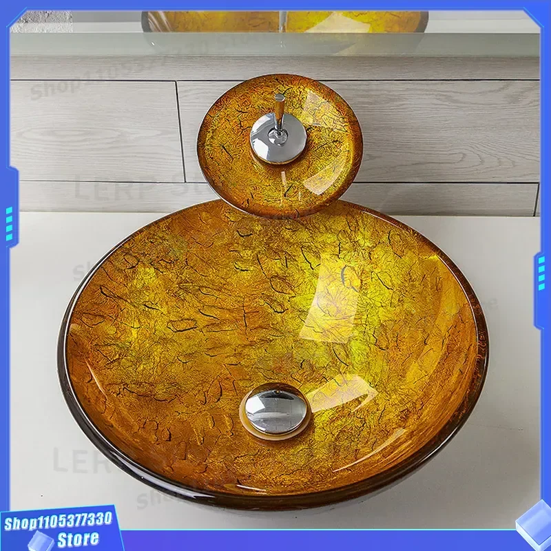 Modern Crack Tempered Glass Bathroom Sink Artistic Wash Basin Simple Sanitary Ware Table Top Lavabo for Home Decoration