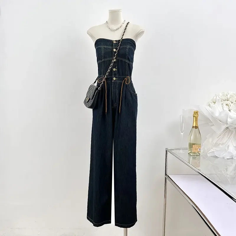 

2025 Summer New Women's Denim Jumpsuit Commuting Strapless High Waisted Wide Leg Jumpsuit