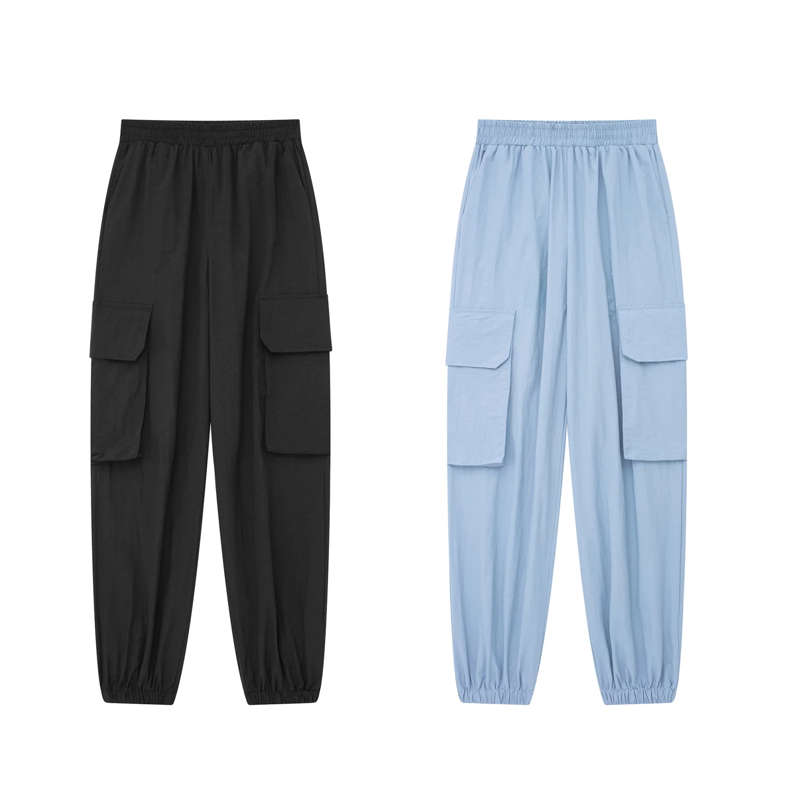 

Women's 2025 new fashion flap pocket decoration loose nylon effect workwear jogging pants retro elastic waist women's pants