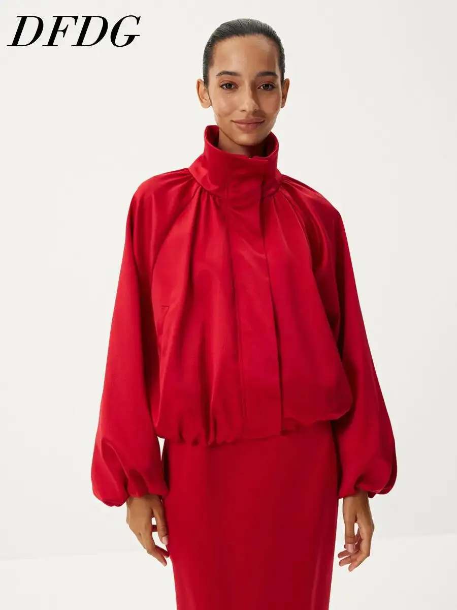 DFDG Women Stand Collar Gathered Pleated Cropped Jacket Balloon Long Sleeve Loose Oversized Outerwear Casual Autumn Street Coat