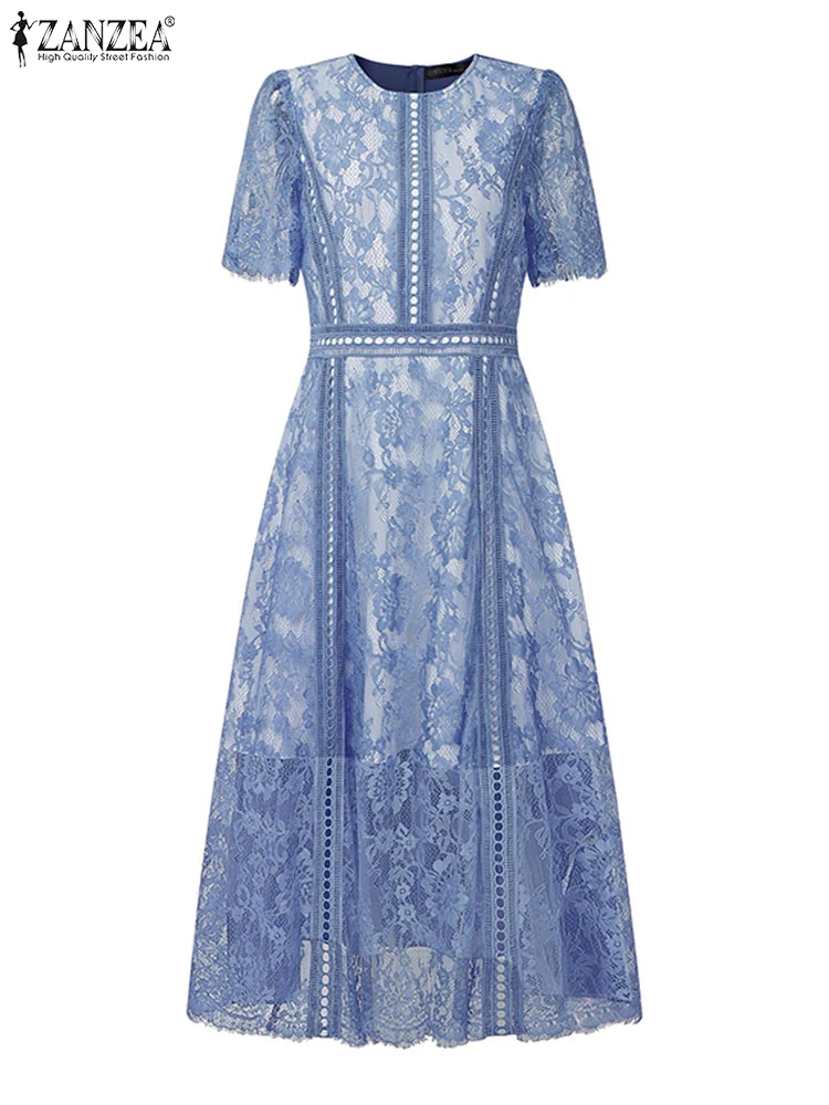 ZANZEA Robe élégante femmes été dentelle Robe d'été fête Vestido 2025 Vintage décontracté évider à manches courtes Robe faux 2 pièces ensembles