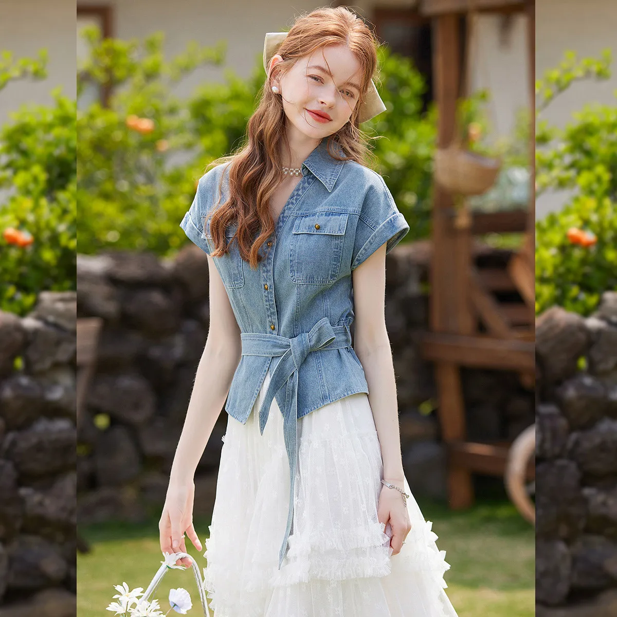 LOUIS YAO قميص دينيم 2025 حزام قابل للإزالة الصيف المرأة بلايز عادية زر معدني التلبيب قميص بأكمام قصيرة #3