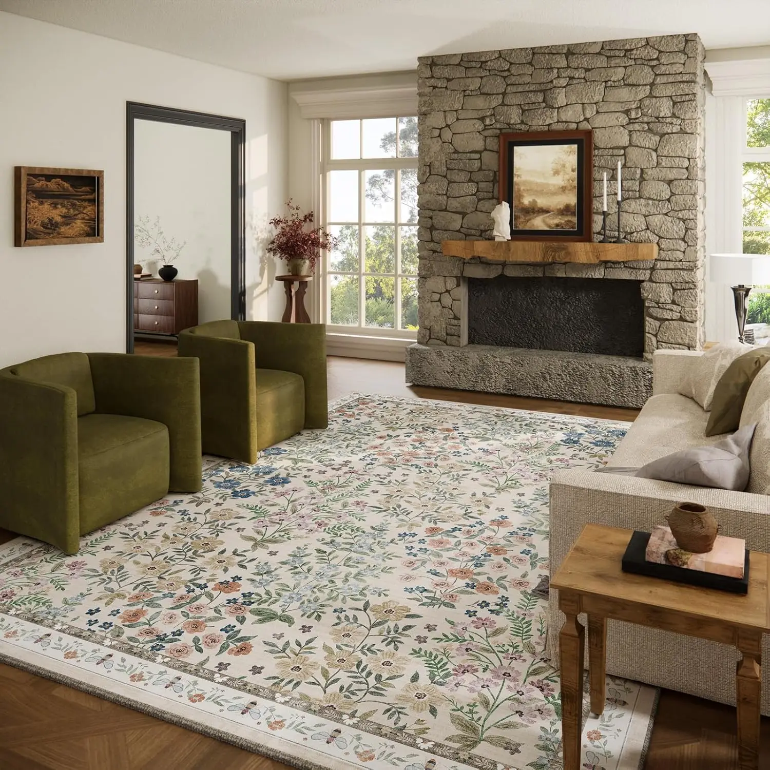 

8x10 Washable Area Rug for Living Room Floral Non Slip Low Pile Soft Stain Resistant Carpet for Bedroom Kitchen