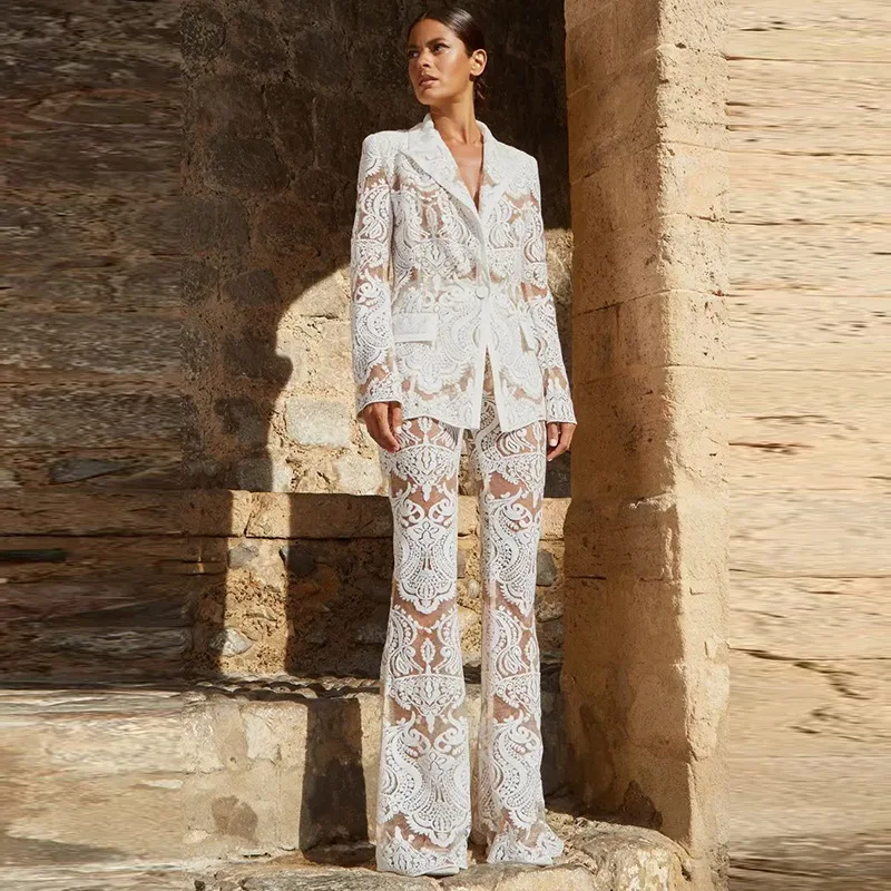 2026 Summer Fashion New Style Mesh Heavy Embroidery Sequin Suit Jacket and Trousers Set Ensemble Femme 2 Pièces
