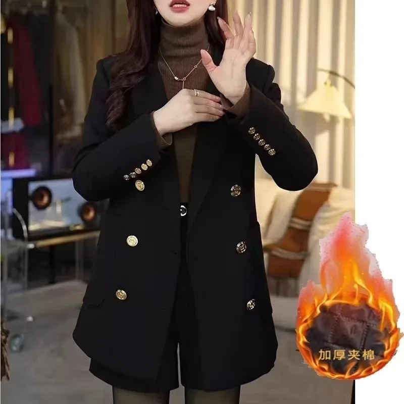 

Autumn Winter Black Double-breasted Cotton-padded Thickened Blazer Women New High-end Temperament, Thin and Versatile Small Suit