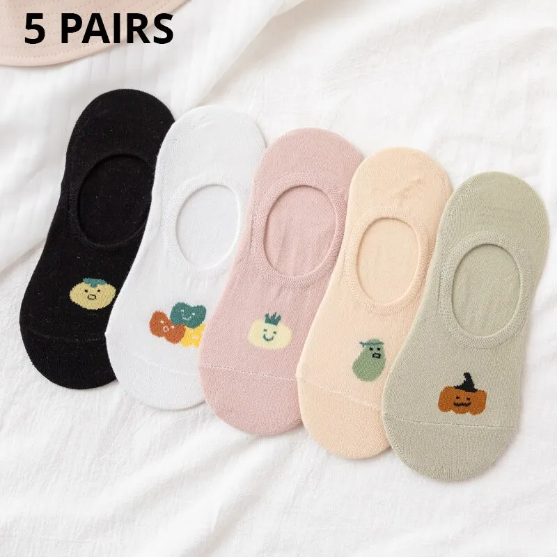 5 Pairs Women's Silicone Non slip Invisible Socks Lady Summer Vegetable Pattern Ankle Boat Socks Female Soft Sock Breathable