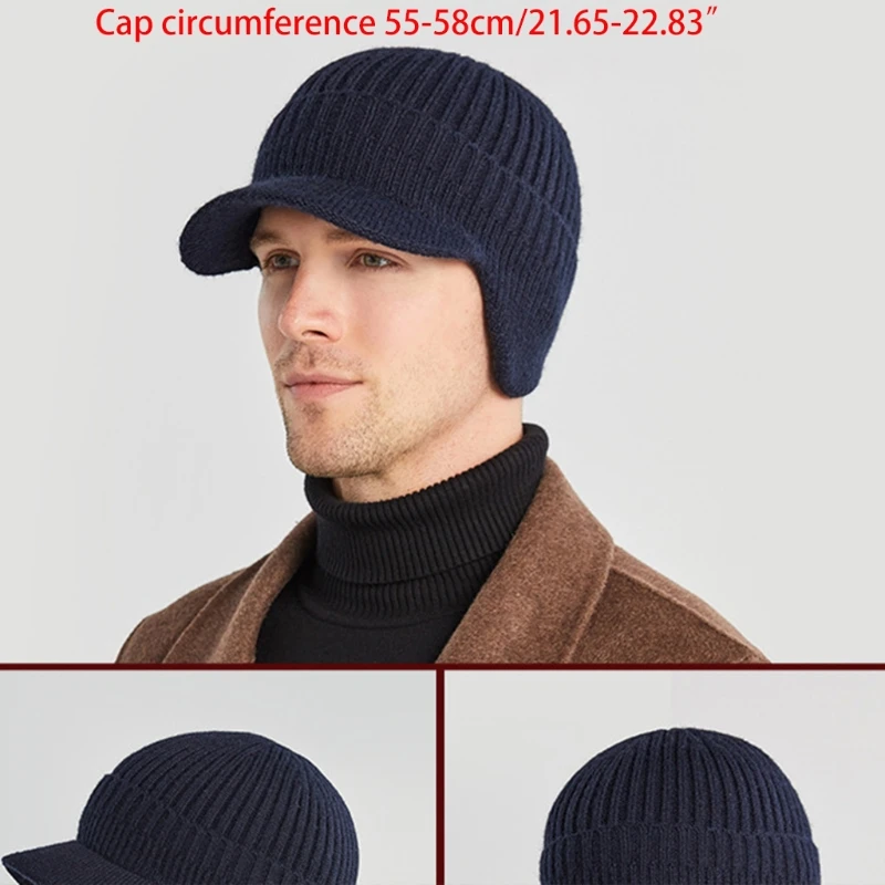 Men Earflap Beanie Hat Knitted Thicken Plush Lined Skull Ear Warmer Dropship