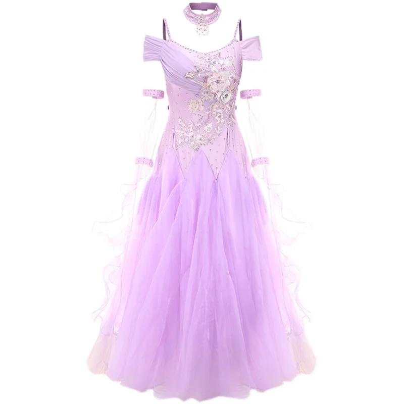 Purple Rhinestones Ballroom Dress Standard Plus Size Ballroom Dance Competition Dress Viennese Waltz Dress Foxtrot Dance Wear