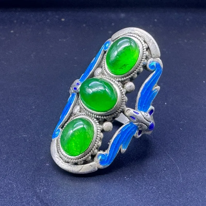 Vintage Tibetan Silver Deer Ring, Triple Green Gem Inlaid Blue Enamel Exotic Finger Jewelry