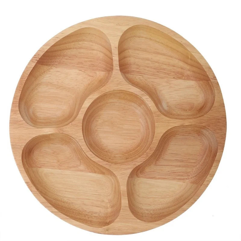 Wooden Round Shape Food Divided Plate Dessert Snack Sub Grid Dish Tableware Tray (25cm 30cm)