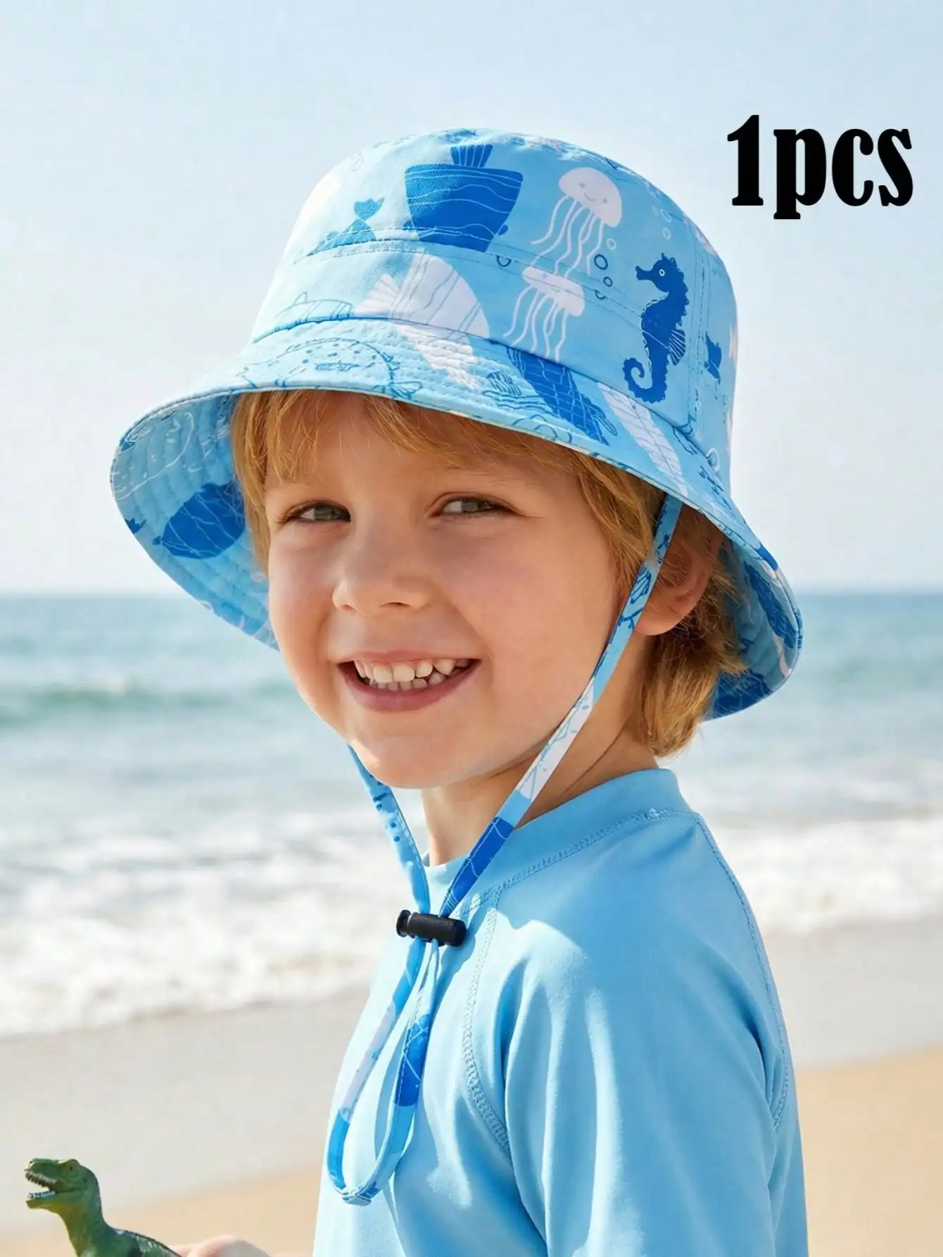 1pc Sky Blue Ocean World Pattern Bucket Hat for Boys 3-8Y, Simple Kids Sun Hat, Breathable Cap for Spring