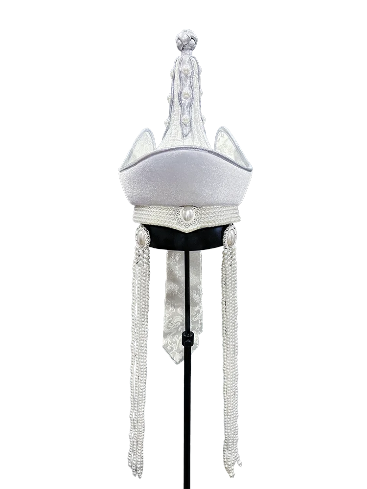 Mongolian lady fringed white hat Inner Mongolia dance performance hair accessories top bowl dance catwalk wedding headgear