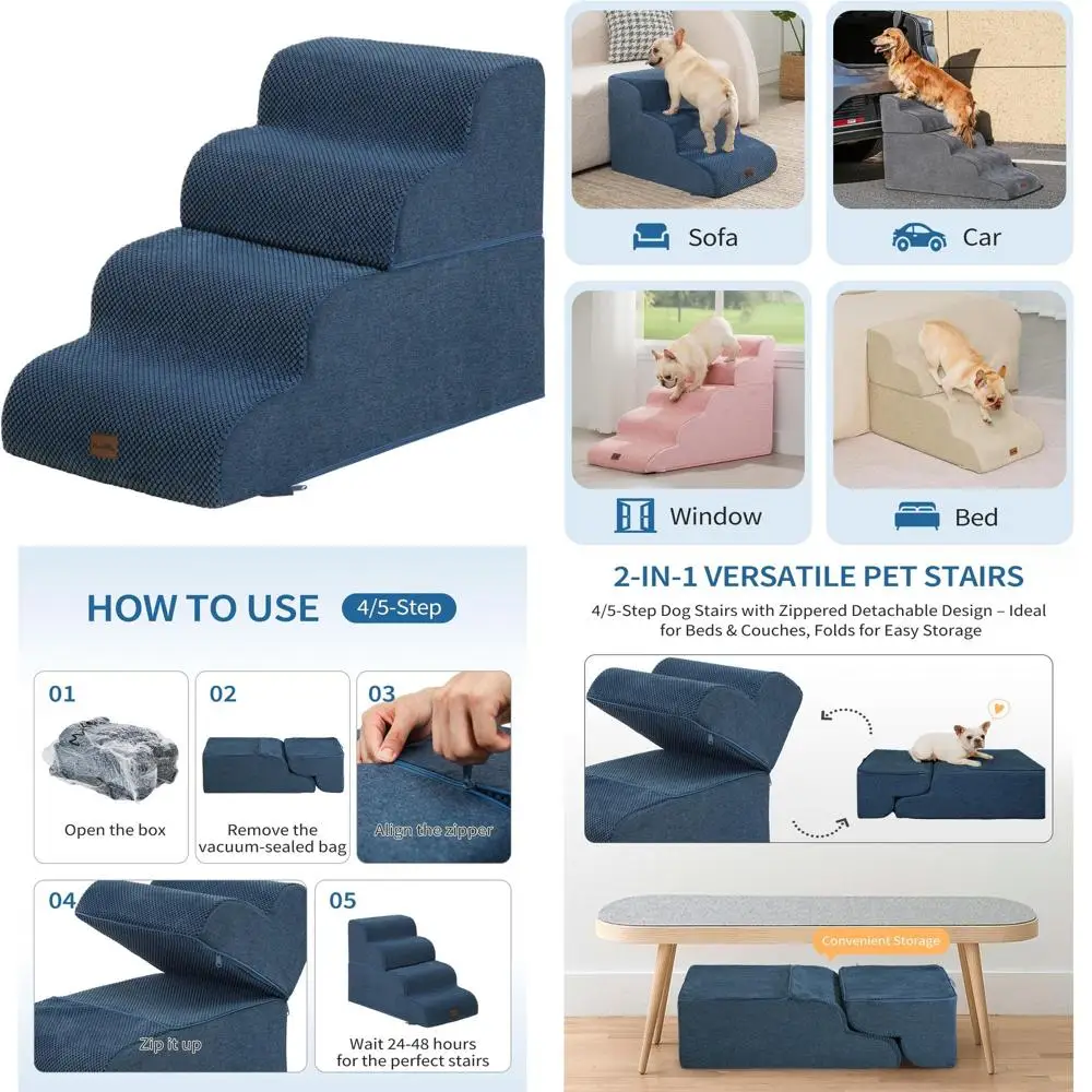 

4-ступенчатый пандус для собак для высоких кроватей и диванов, высота 19,7, ступеньки из пенопласта для маленьких домашних животных, нескользящий, темно-синий