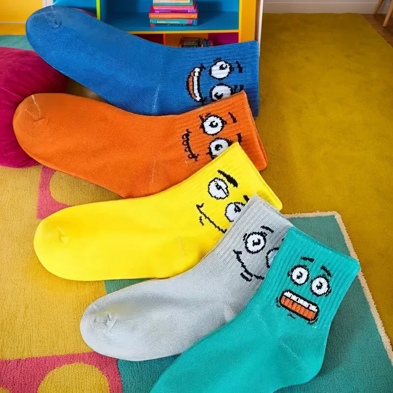5 Pairs Kids Socks Funny Emoticons Face Pattern Comfortable Breathable Ankle Socks For Boys And Girls