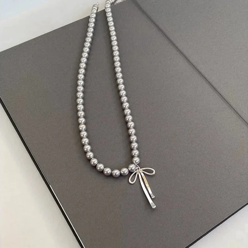 LATS Gray Pearls Bowknot Pendant Necklace for Women Girls Graceful Butterfly Choker Chain Jewelry Gift Accessories image 6