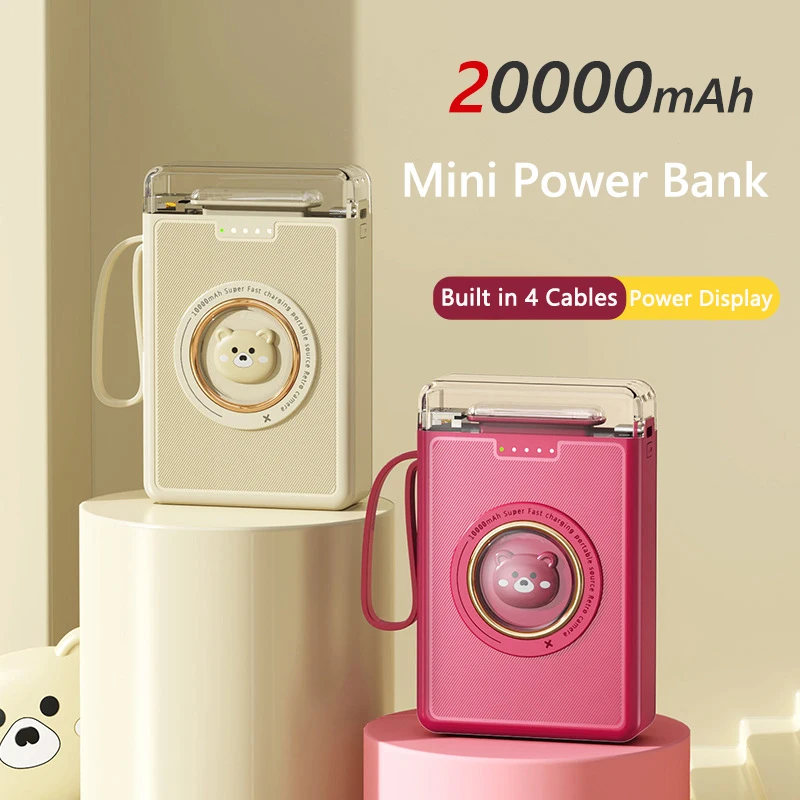 20000mAh Mini Power Bank Built 4 Cables Portable Charger Cute Powerbank for iPhone 15 13 Samsung S23 S22 Huawei Xiaomi Poverbank