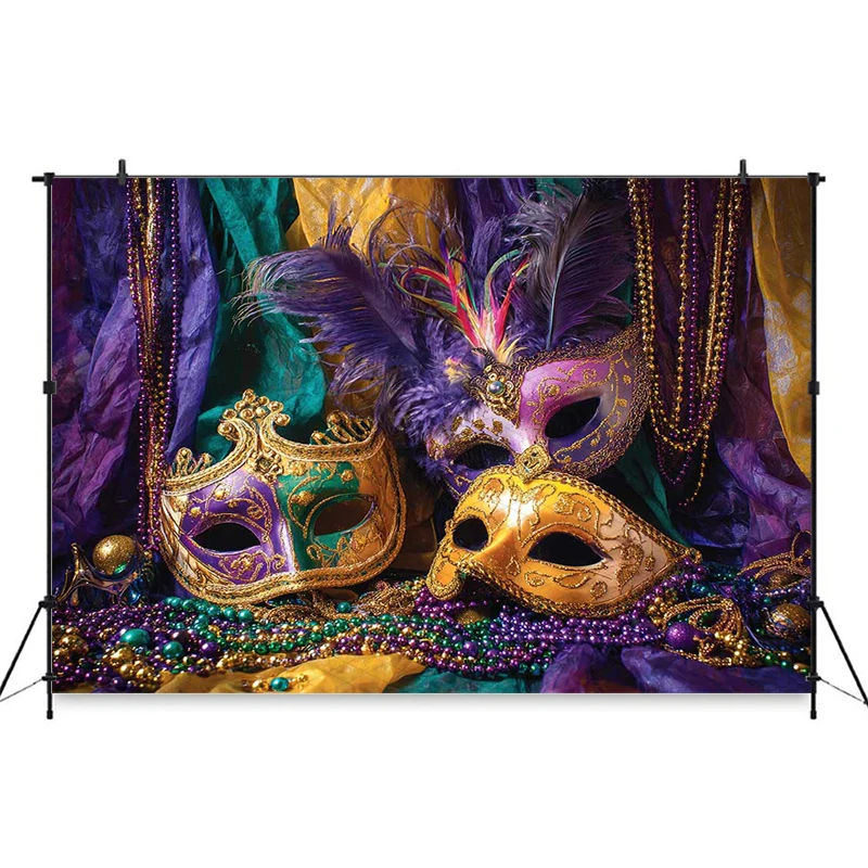 Mocsicka Mardi Gras Backdrop Golden Purple Mask Party Venetian Style Decorations Child Baby Shower Birthday Background Photocall