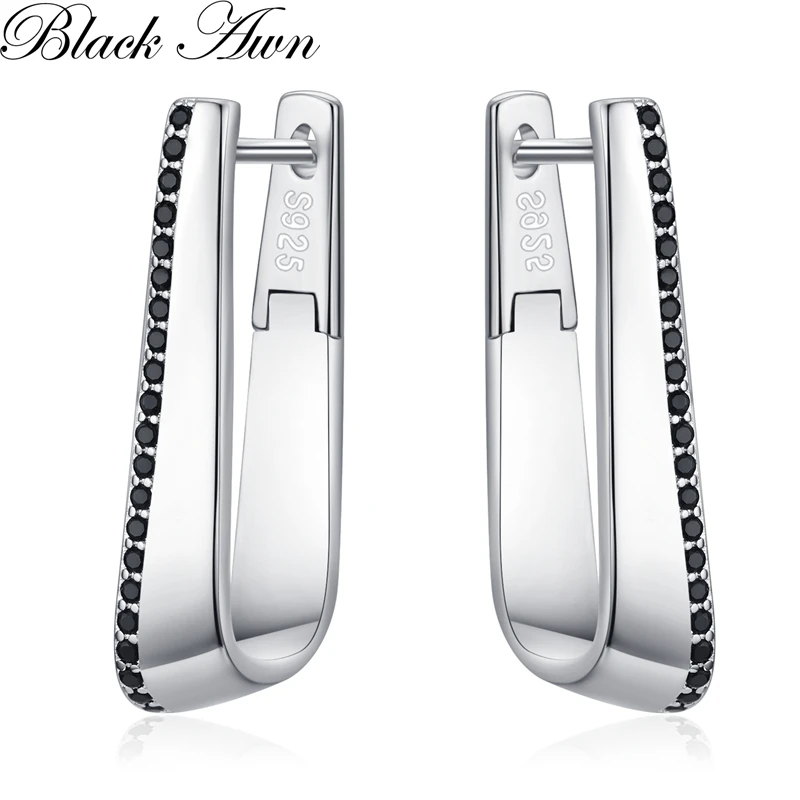 

2023 New Black Hoop Earrings For Women Classic Silver Color Trendy Spinel Engagement Fashion Jewelry I284