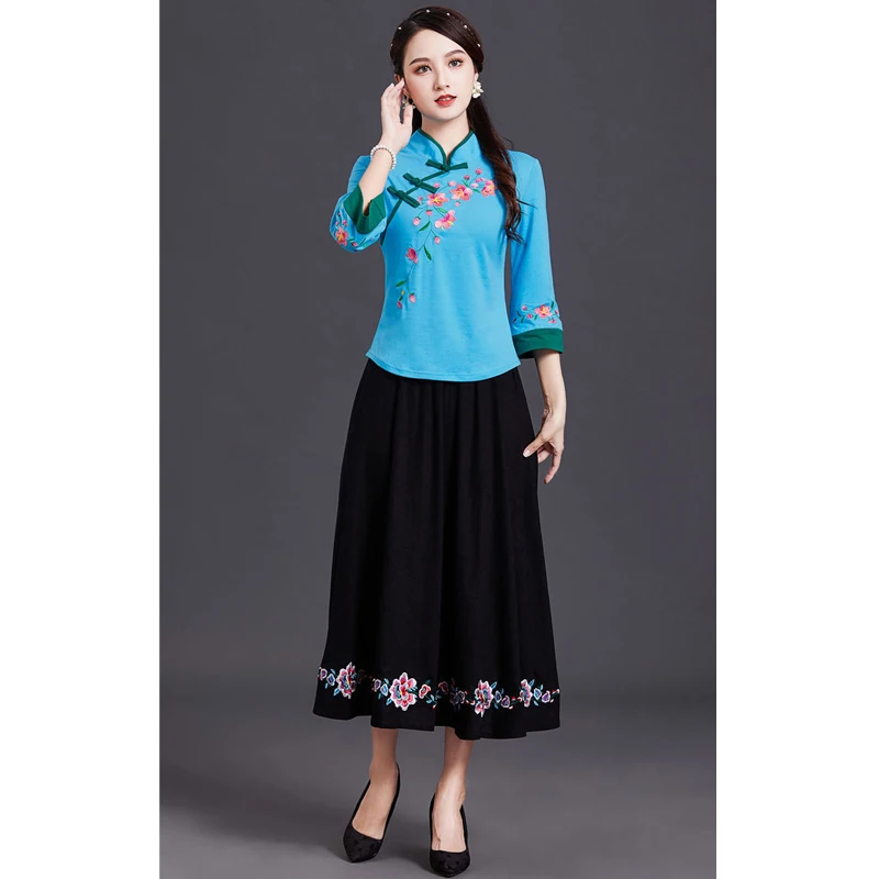 Ethnic Style Embroidered Shirt Qipao Cheongsam Tops Traditional Chinese Clothing For Women Fashion Bracelet Sleeve Hanfu Modern