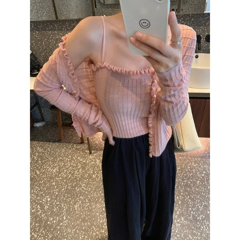 Women's Spring Autumn New Black Ear-Ear-Knitted Cardigan with Two-Piece Long-Sleeve Short Top