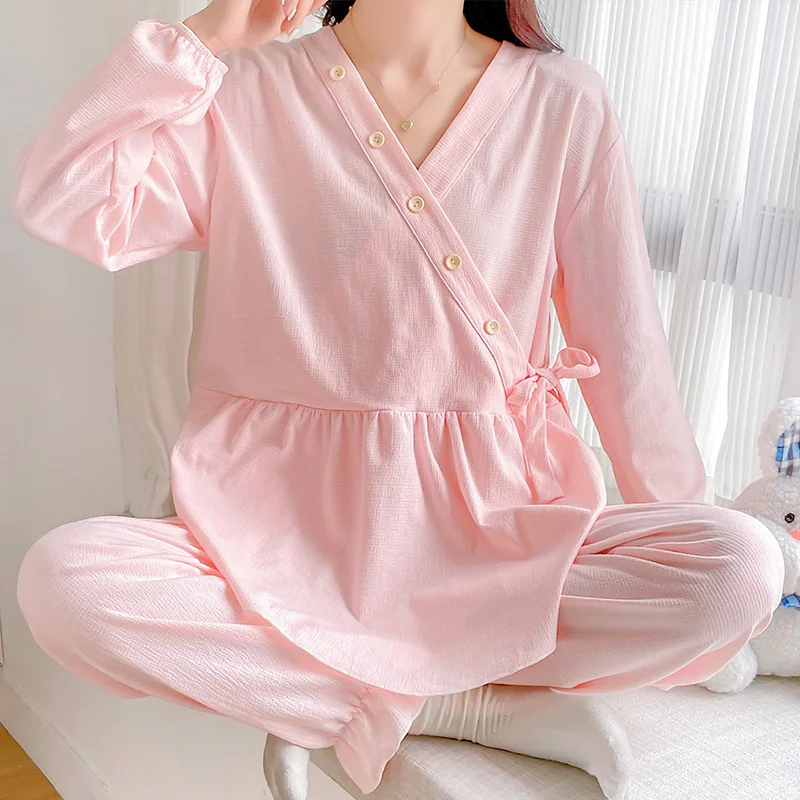 Cute V Neck Button Open for Maternity Mother Nursing Pajamas for Pregnant Women Cotton Pregnancy Feeding Sleepwear Nightwear Set