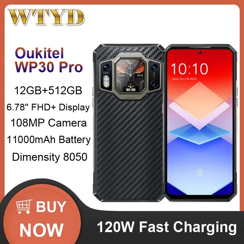 Oukitel WP30 Pro Rugged Phone 12GB+512GB 108MP Camera 11000mAh 6.78 inch + 1.8inch MediaTek Dimensity 8050 NFC OTG 5G Smartphone