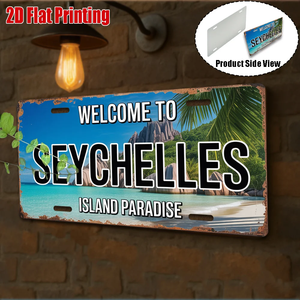 2D Flat Welcome to Seychelles Metal License Plate Plaque Island Paradise Tropical Wall Art Travel Gift for Island Culture Fans