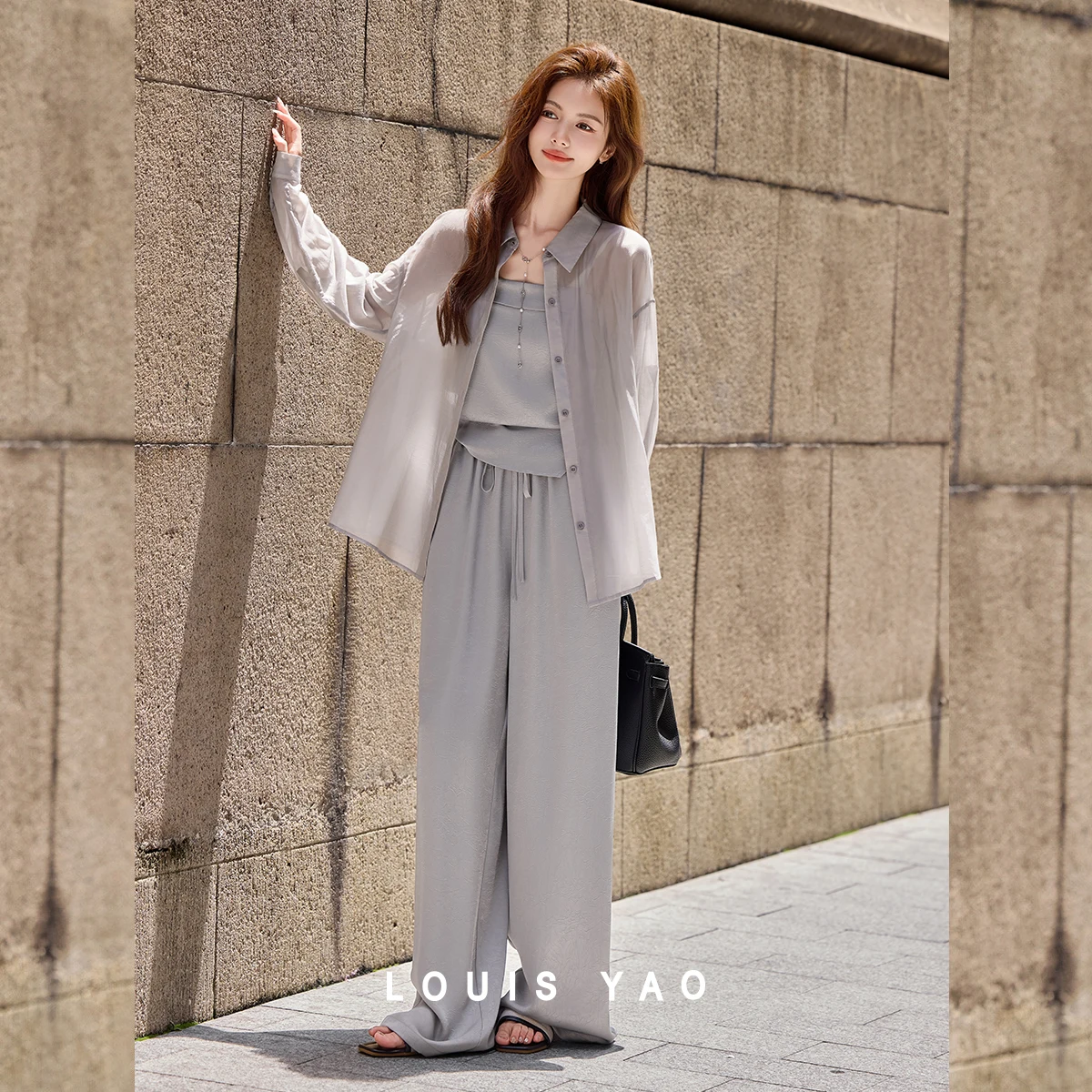 LOUIS YAO Lyocell Women Matching Sets 2026 Autumn Glossy Drape Lazy Elegant 3-Piece Outfit Multiple Ways To Wear Pant Sets