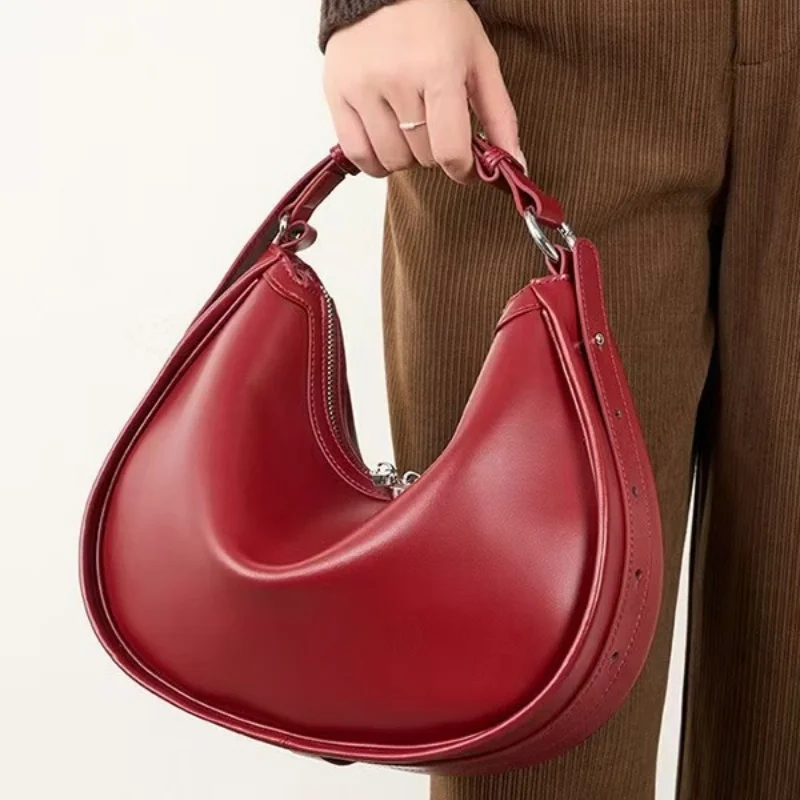 

Женская сумка-полумесяц из натуральной кожи, шикарная, бордовая, новая, простая, высококачественная, сумка-мессенджер, женская сумка через плечо из коровьей кожи
