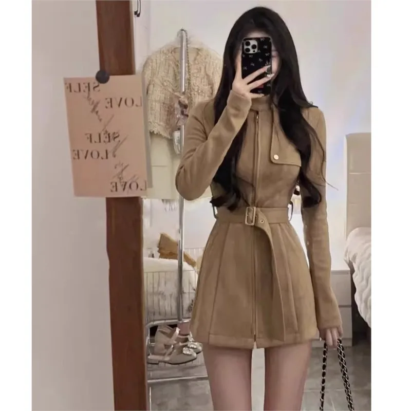 

Korean Sweet Girl Shorts Set Standing Collar Slim Fit Suede Belt Coat Women's Autumn Winter New Long-sleeved Zip-up Coat Top