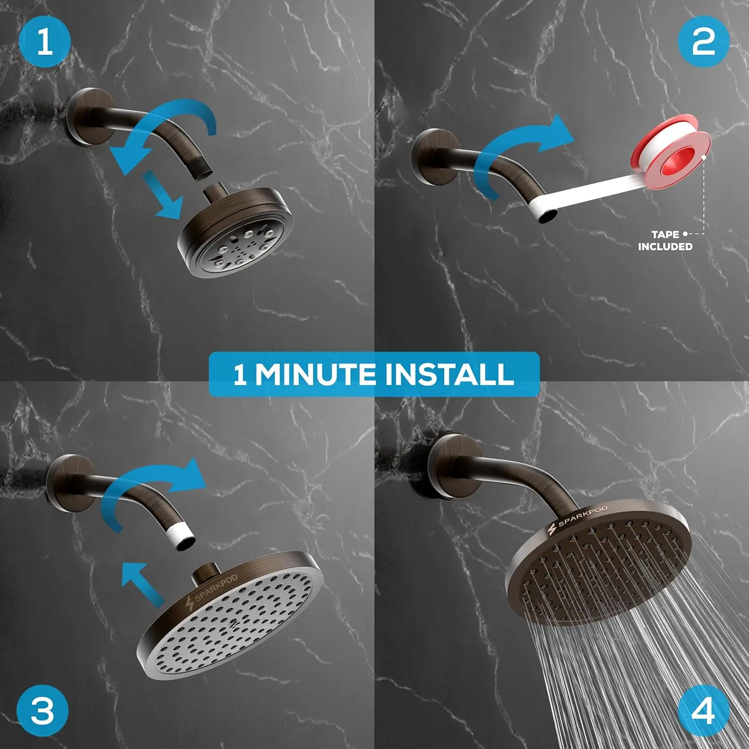 رأس دش مطري عالي الضغط - تصميم فاخر قابل للتعديل سهل التركيب للحمام (برونزي عتيق، دائري 8 بوصة)