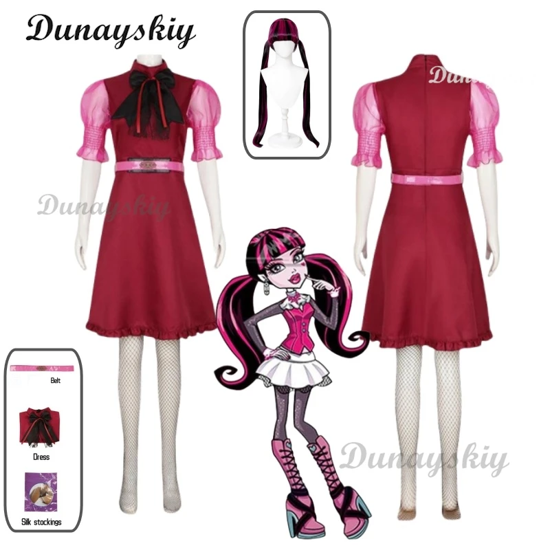 Anime Film Monster Cosplay Jurk Hoge Meisje Draculaura Cosplay Kostuum Pruik Roze Zwarte Pruik Halloween Vrouwen Fancy Rollenspel Outfit