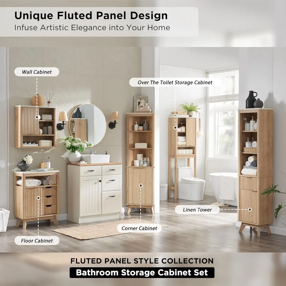 68" hoher Eckschrank, moderner geriffelter Aufbewahrungsschrank mit Kunstmarmorplatte und verstellbaren Regalen, gebogenes Profildesign,
