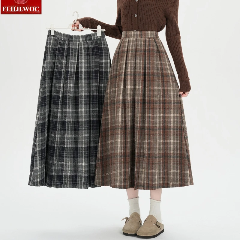 التنانير الصوفية موضة جديدة 2025 أساسيات الخريف الشتاء امرأة لطيف الفتيات الحلو اليابان نمط Preppy ريترو خمر تنورة طويلة منقوشة