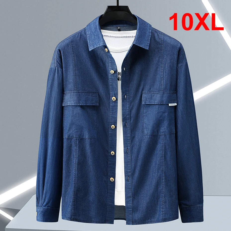 Denim Shirts Men Plus Size 10XL Long Sleeve Shirts Spring Autumn Blue Denim Shirt Male Big Size Blouse Fashion Casual