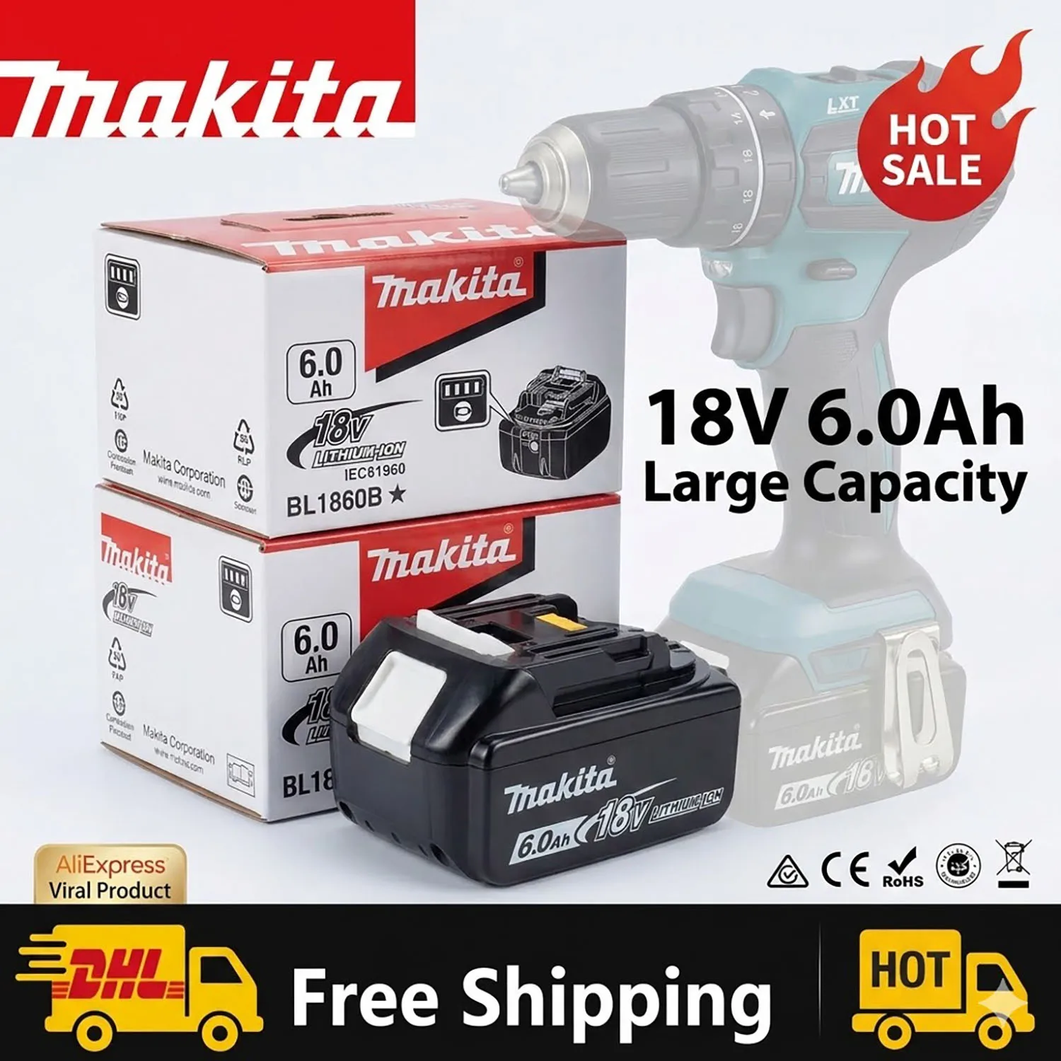 Genuine 6Ah Makita BL1860 18V Battery Power Tools Li-ion Replacement LXT BL1850 BL1840 for 18V Screwdriver with BMS 18V