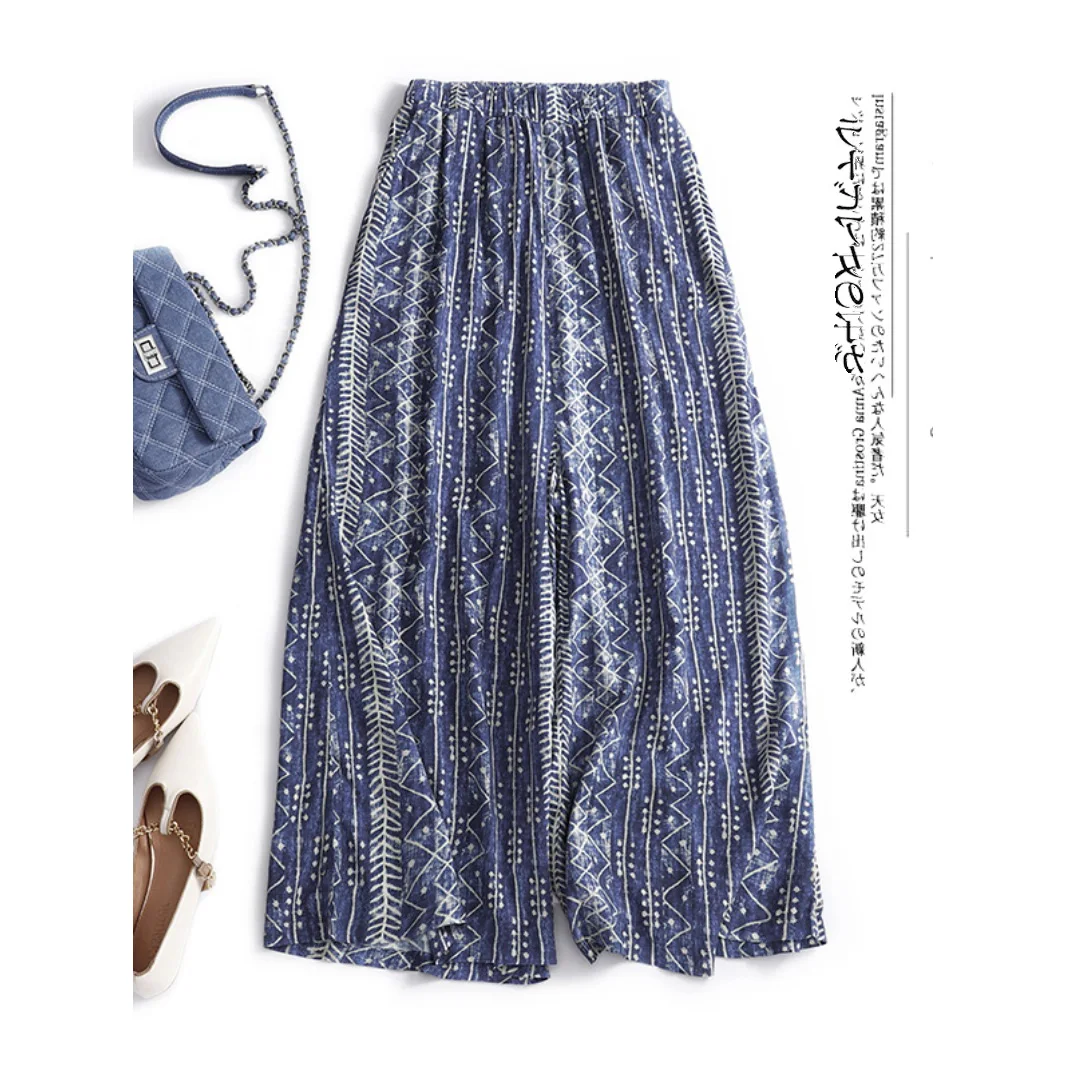 Women's Vintage Printed Cotton Linen Pants Summer Fashion Elastic Waist Thin Wide Leg Casual Loose Straight Ankle Length Trouser