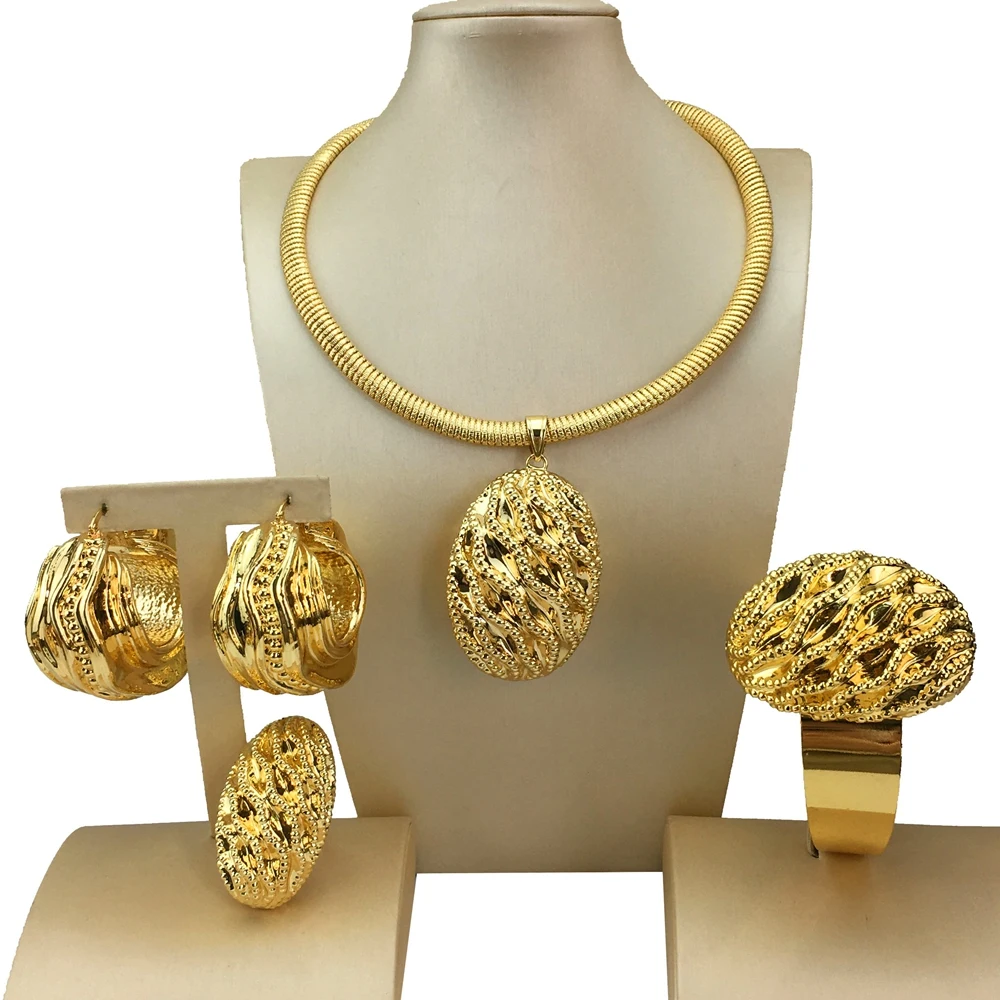 Italian Gold Plated Jewelry Set Simple Style Necklace All Copper Material Light Weight Big Pendant Jewelry FHK18986