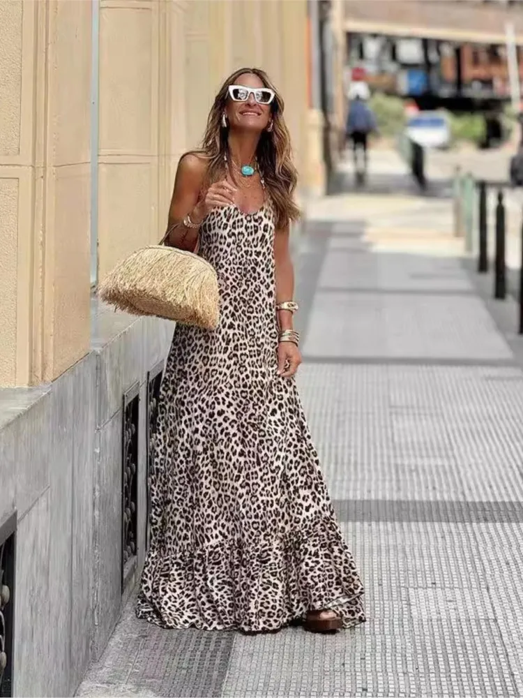 Leopard Print Halter Neck Leace-up Sexy Long Dresses For Women V-neck Backless Fashion Maxi Dress Femme Vacation Streetwear Robe