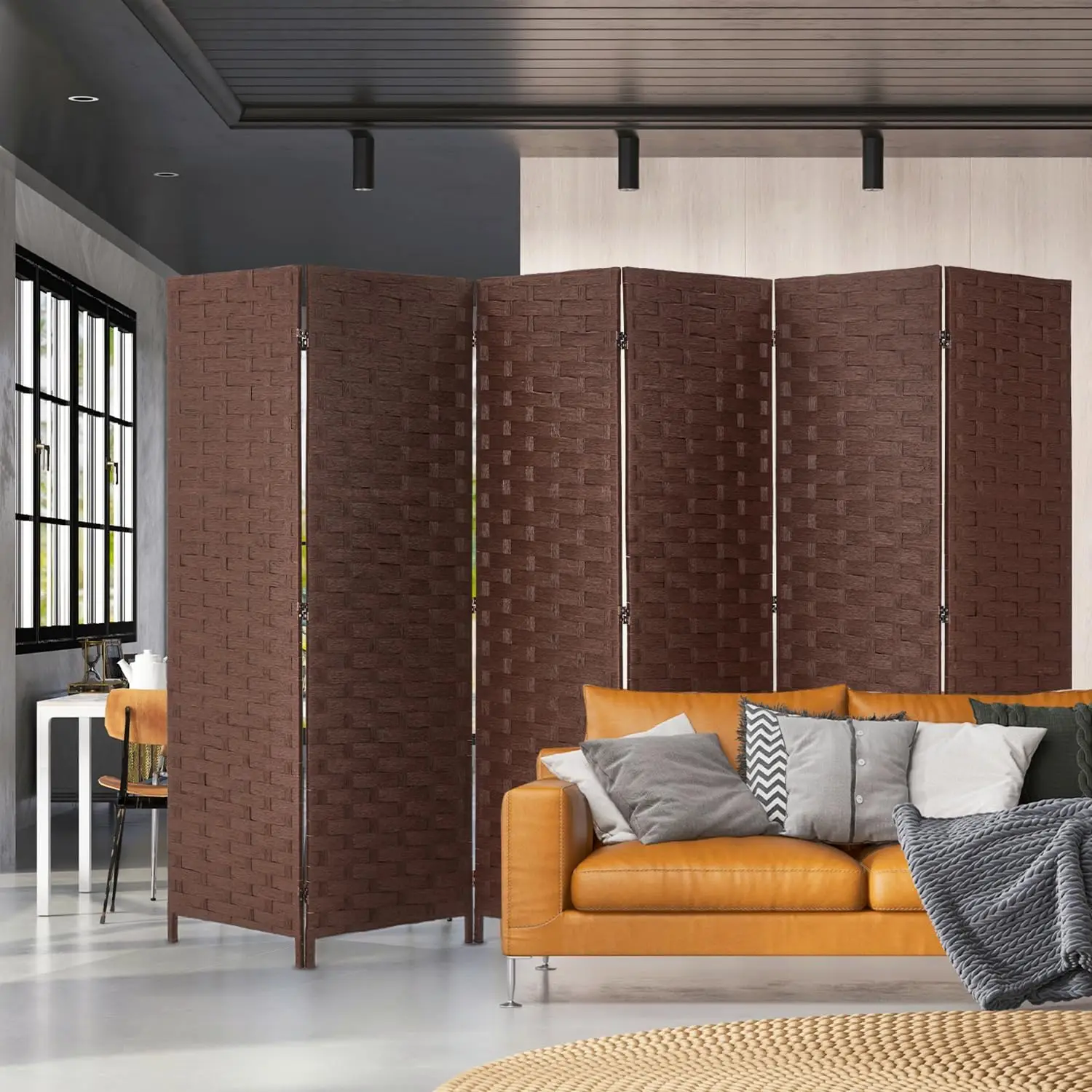 

6 Panels Room Divider, 6 FT Tall Weave Fiber Room Divider, Double Hinged Folding Privacy Screens, Freestanding Room Dividers