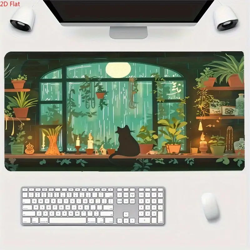 2D Flat, Creative Colorful Mouse Pad, Black Cat Window Sill Rain Scene Design, Comfortable Desk Mat, Suitable for Home And Office, Enhances Work Atmosphere